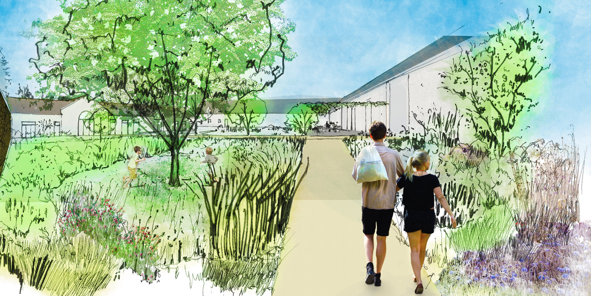 Perspective d’ambiance de l’aménagement de la cour, Domaine du Mezo